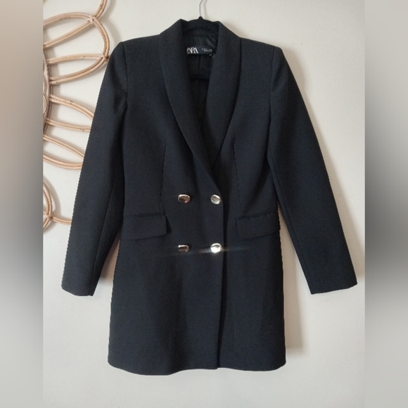 ZARA DOUBLE BREASTED LONG BLAC BLAZER DRESS BLACK SIZE S 8285/642 - Picture 3 of 10